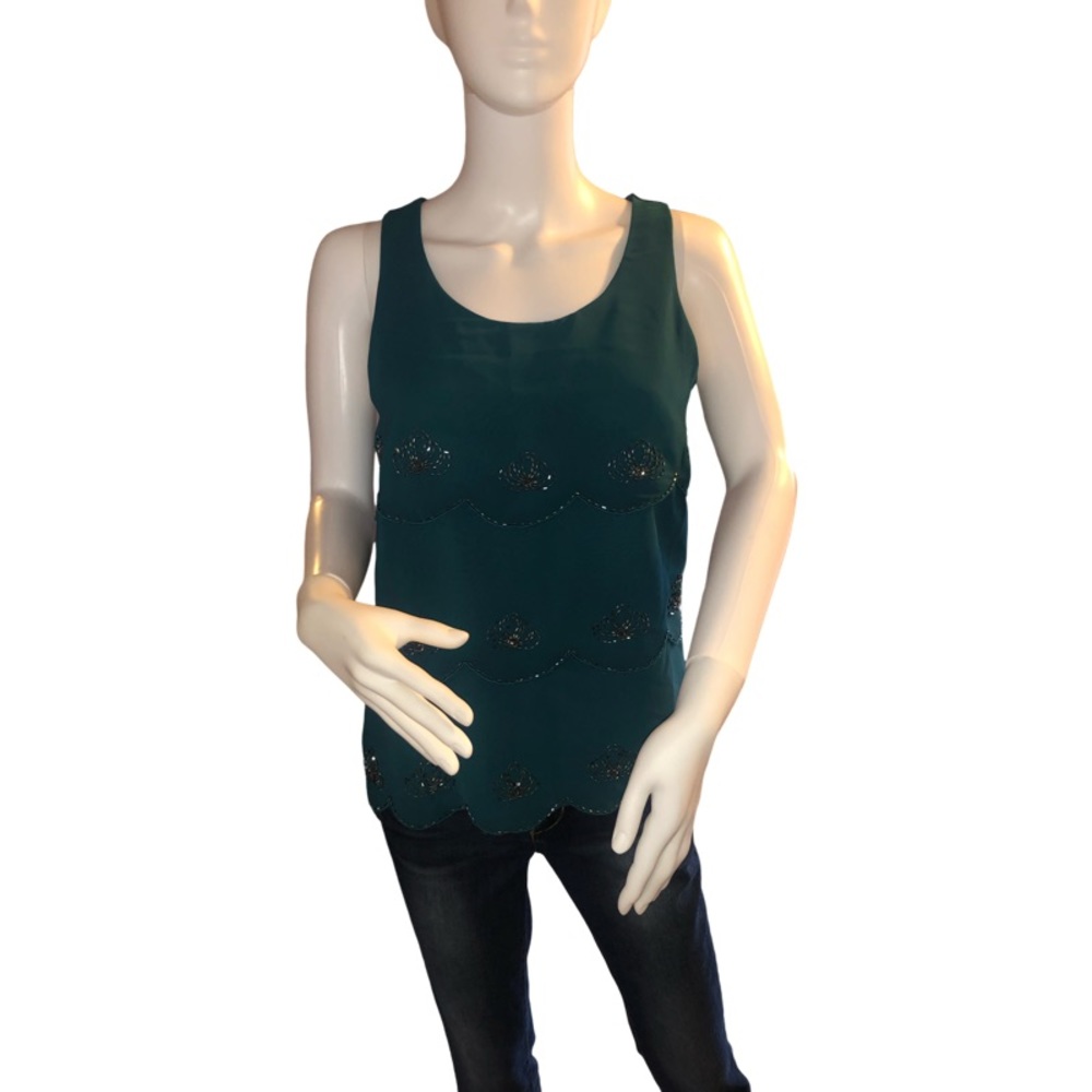 LC LAUREN CONRAD Teal Tiered Beaded Blouse Lagenlook Sleeveless Tank‎ Top Flowy